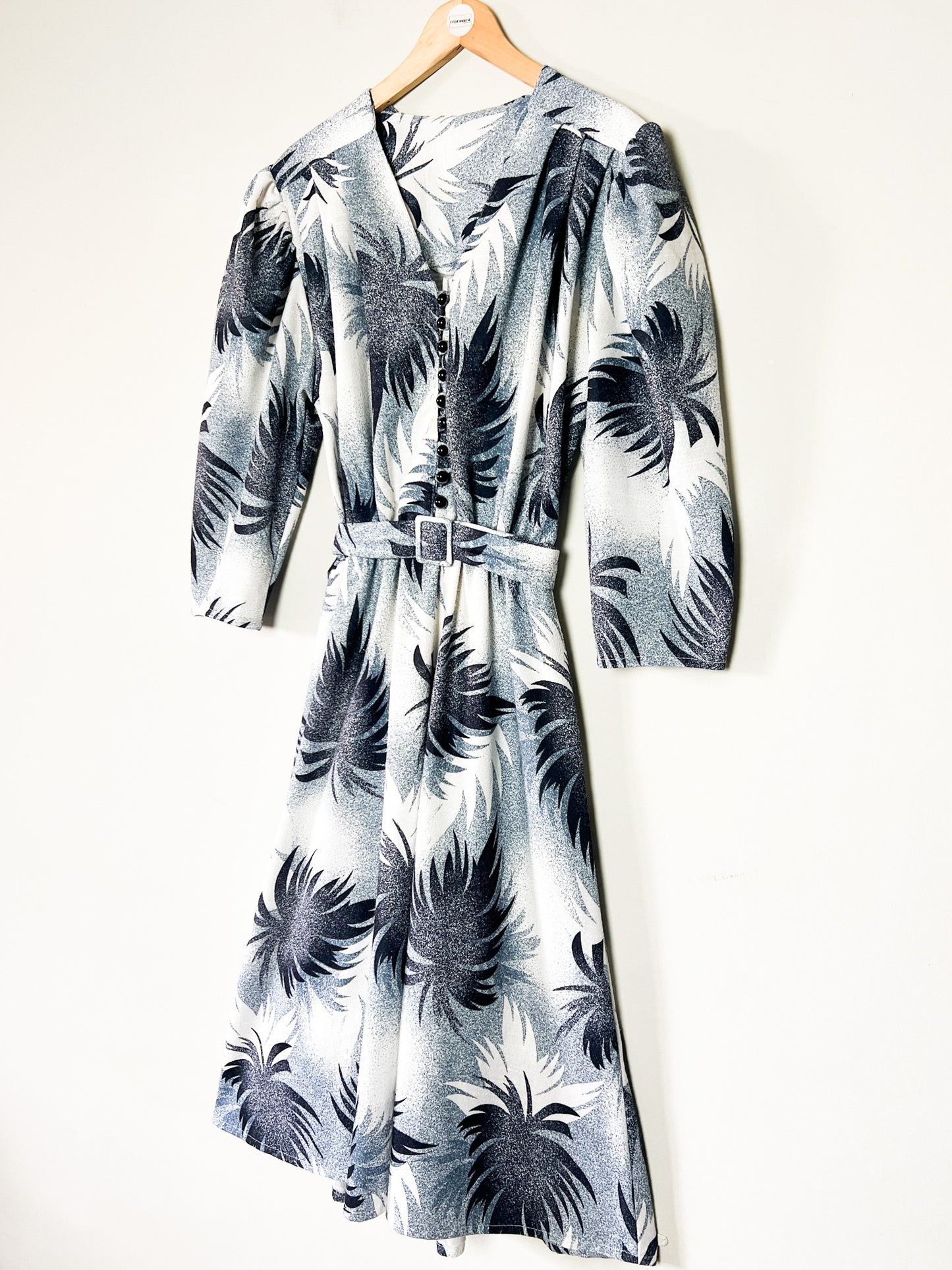 Robe Midi Vintage Année 80 - Imprimé Arty Abstrait - Bleu & Gris - T 38/40
