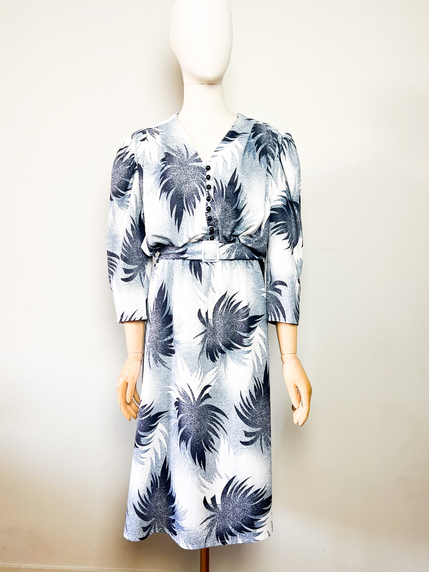 Robe Midi Vintage Année 80 - Imprimé Arty Abstrait - Bleu & Gris - T 38/40