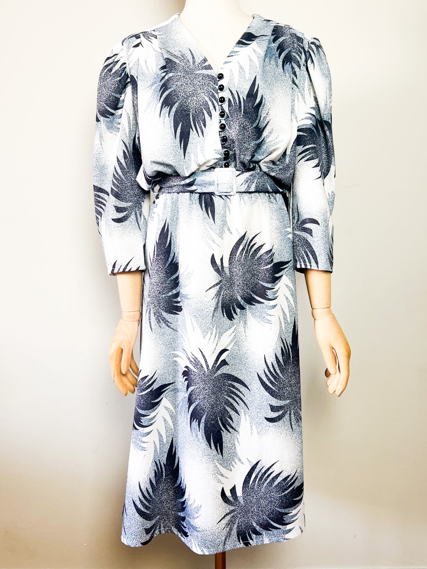 Robe Midi Vintage Année 80 - Imprimé Arty Abstrait - Bleu & Gris - T 38/40