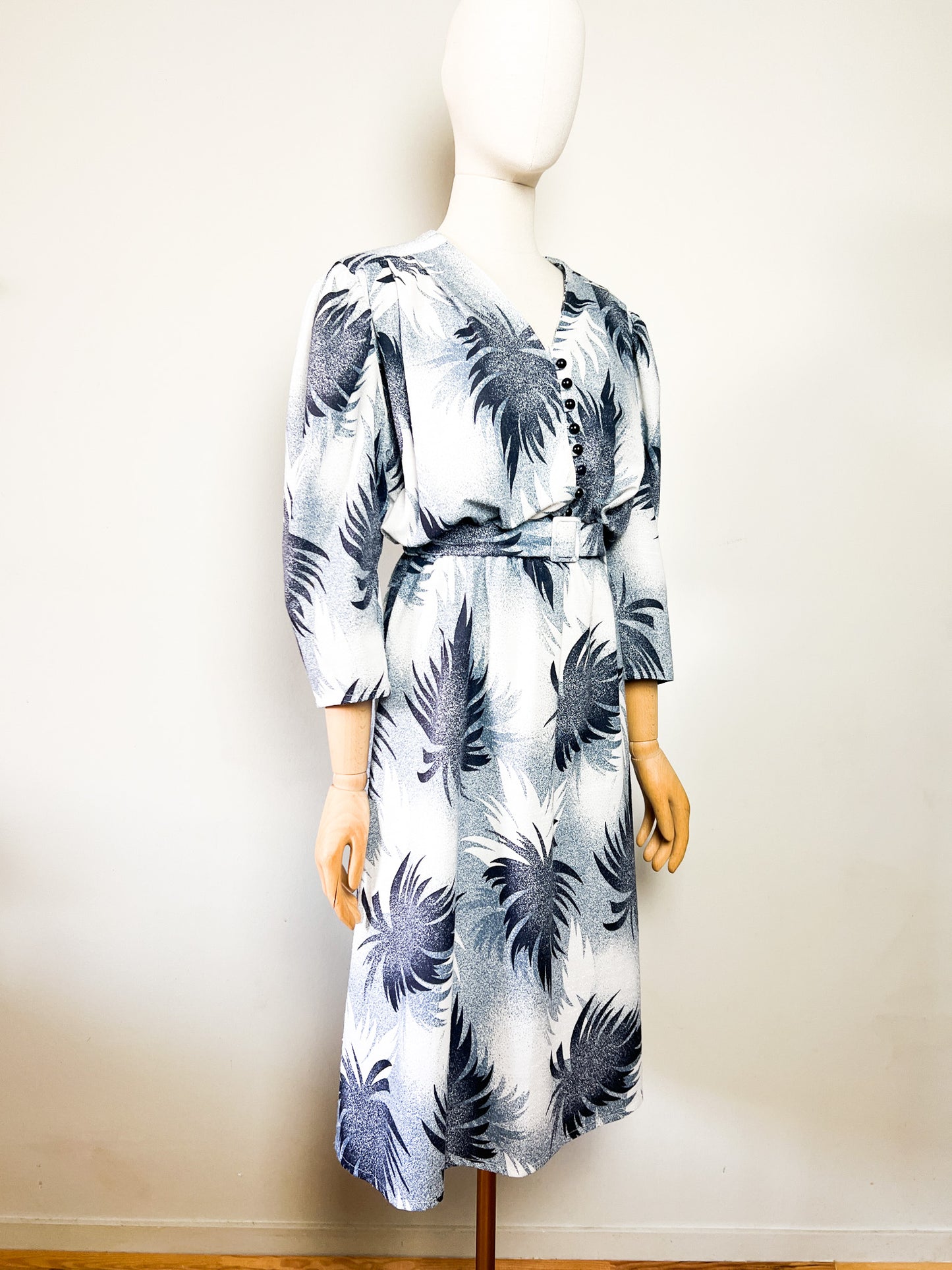 Robe Midi Vintage Année 80 - Imprimé Arty Abstrait - Bleu & Gris - T 38/40