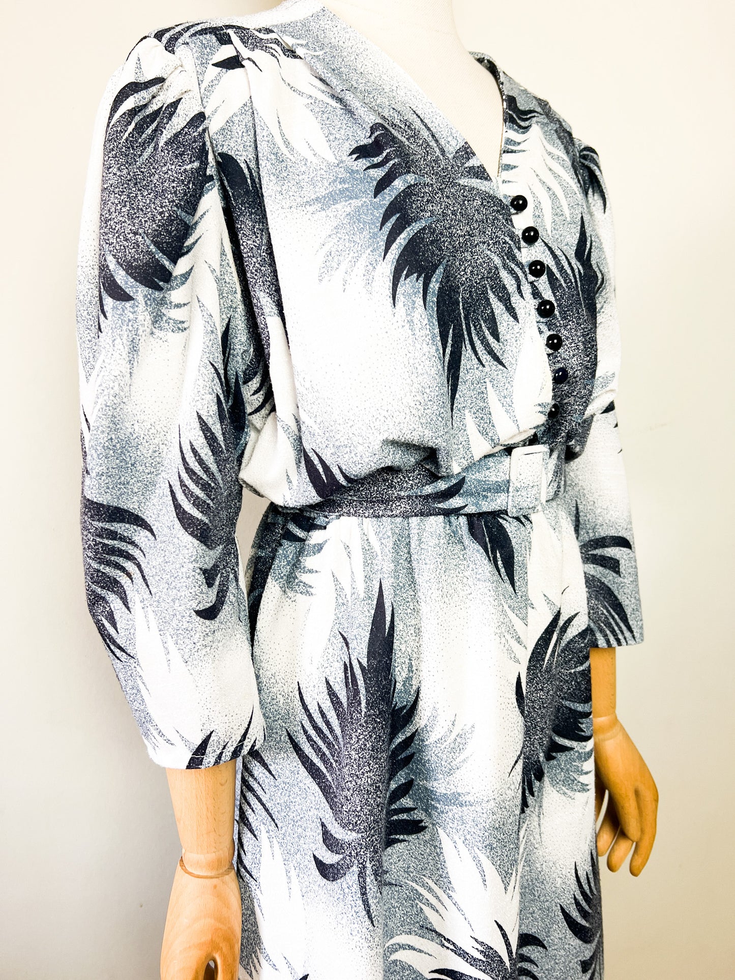 Robe Midi Vintage Année 80 - Imprimé Arty Abstrait - Bleu & Gris - T 38/40