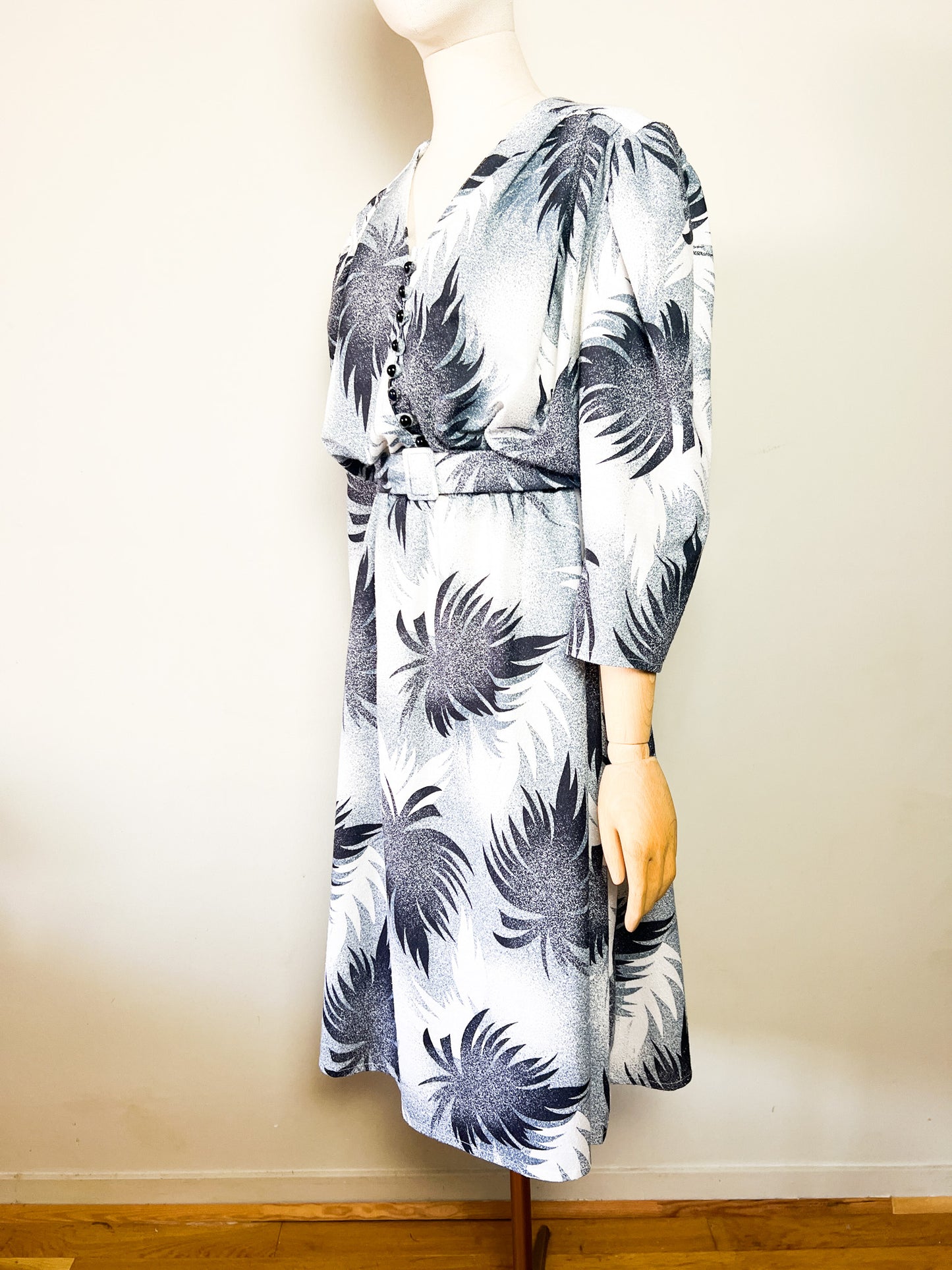 Robe Midi Vintage Année 80 - Imprimé Arty Abstrait - Bleu & Gris - T 38/40