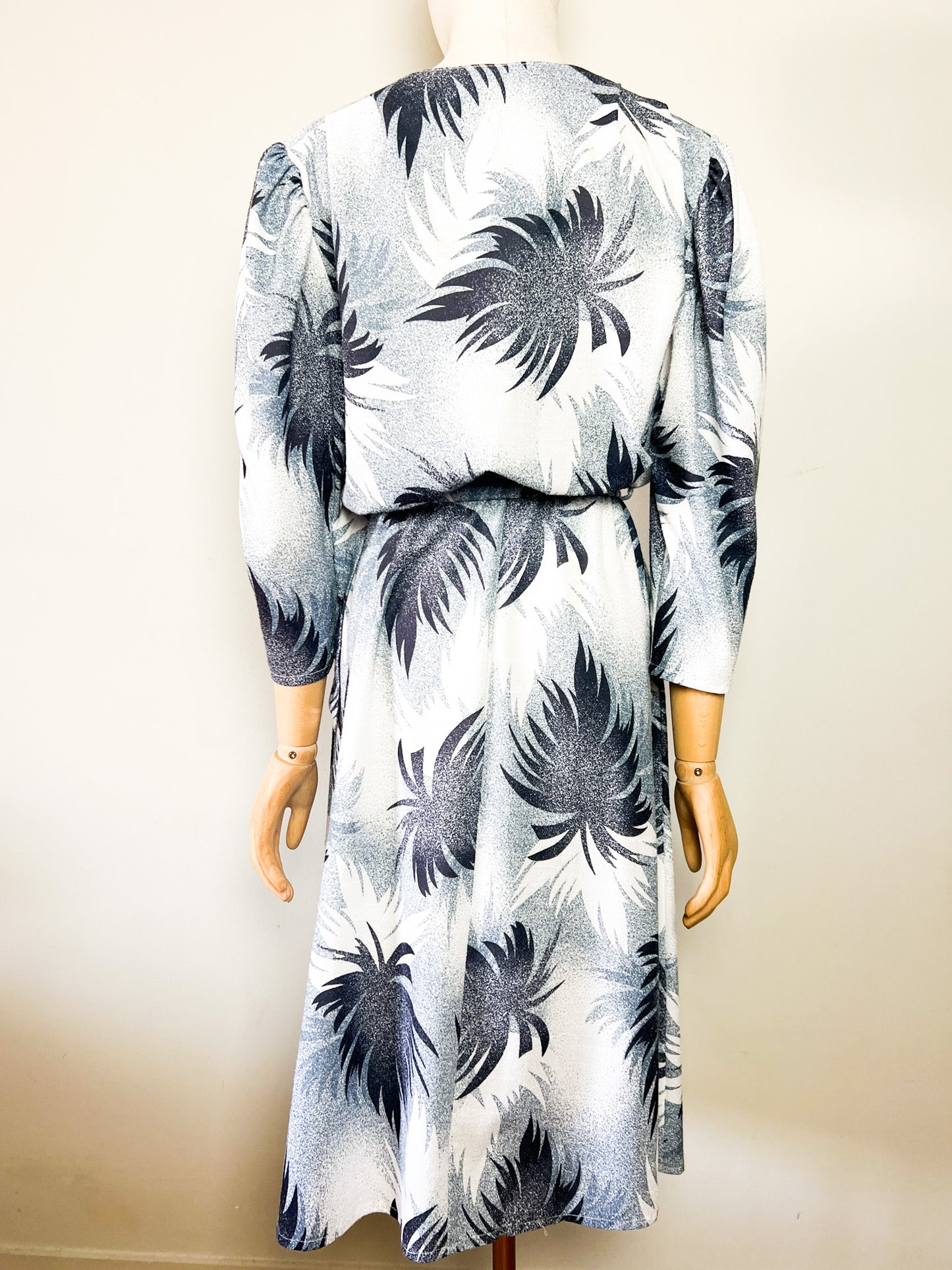 Robe Midi Vintage Année 80 - Imprimé Arty Abstrait - Bleu & Gris - T 38/40