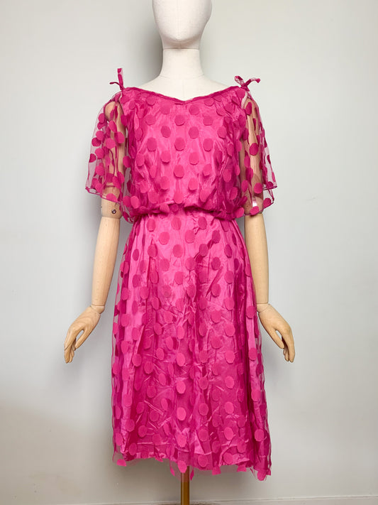 Robe vintage Années 80 rose en tulle à pois en relief – fête et céremonie_T34