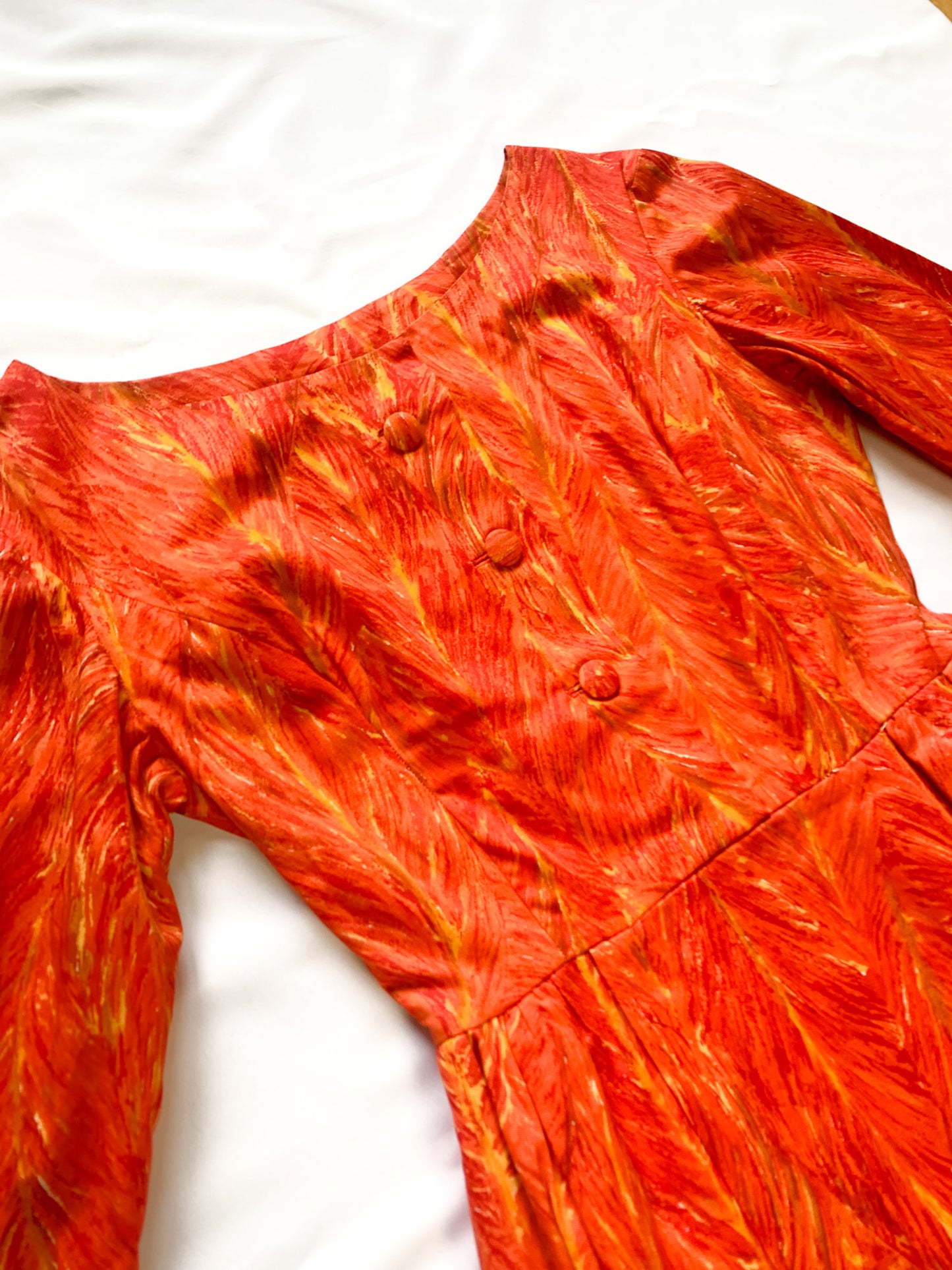 Robe Chic Vintage Années 60 - Coupe Structurée - Imprimé Géométrique/Floral Orangé - T32/34