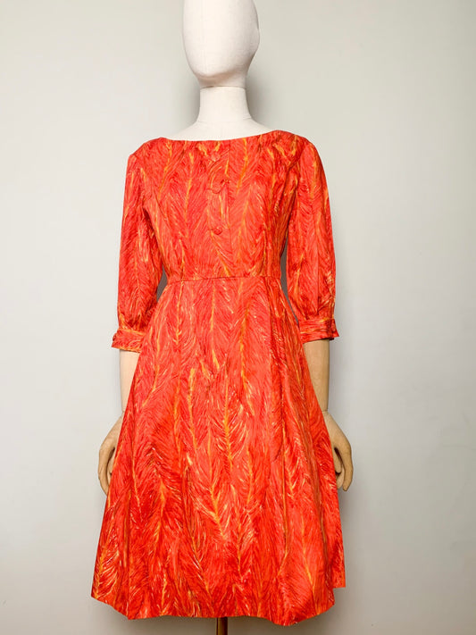 Robe Chic Vintage Années 60 - Coupe Structurée - Imprimé Géométrique/Floral Orangé - T32/34