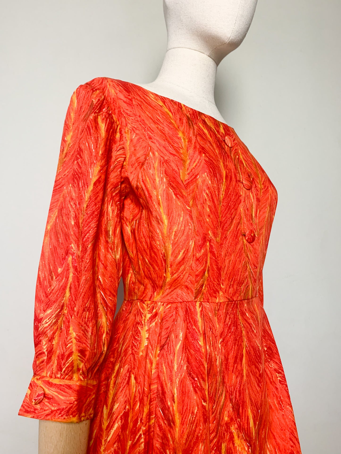 Robe Chic Vintage Années 60 - Coupe Structurée - Imprimé Géométrique/Floral Orangé - T32/34