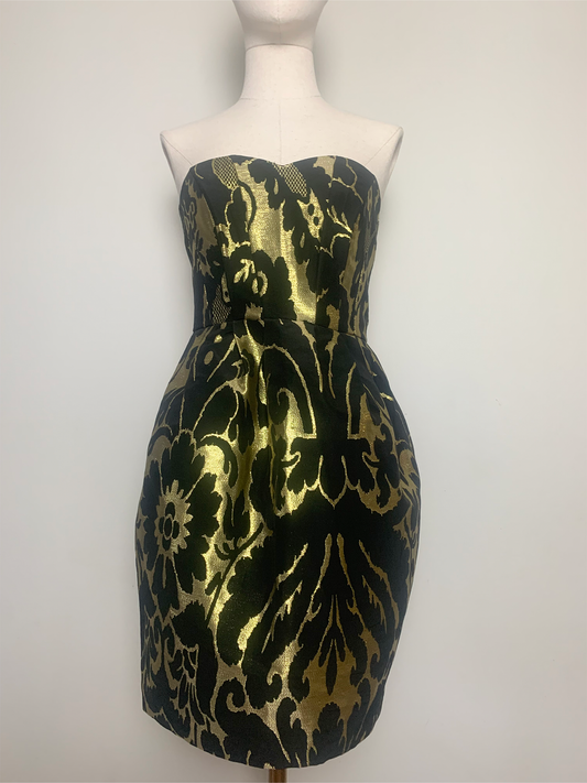 Robe bustier noire et dorée imprimée brocart