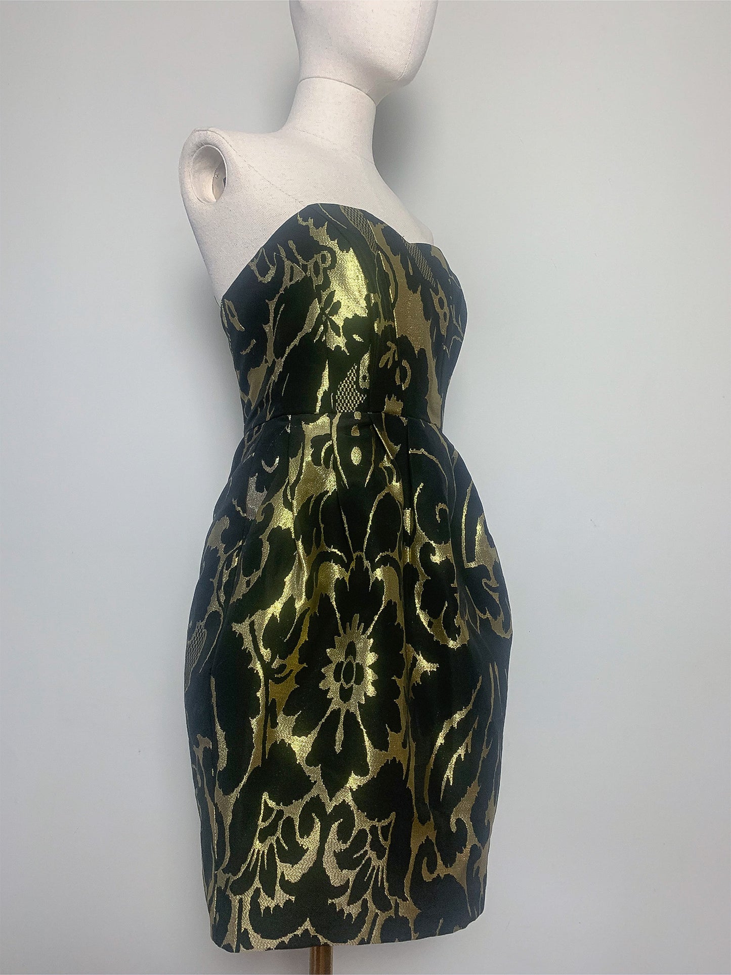 Robe Bustier Noire & Dorée Brocart - Effet Corset - Poches - T36 (S)