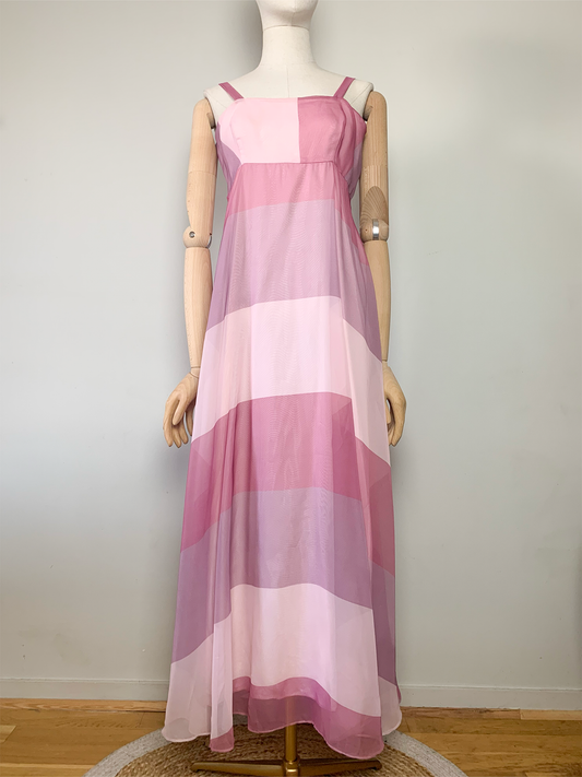 Robe longue en voile rayée rose lila vintage