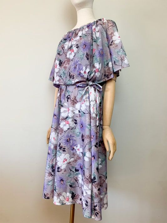 Robe fluide grise motifs fleurs vintage