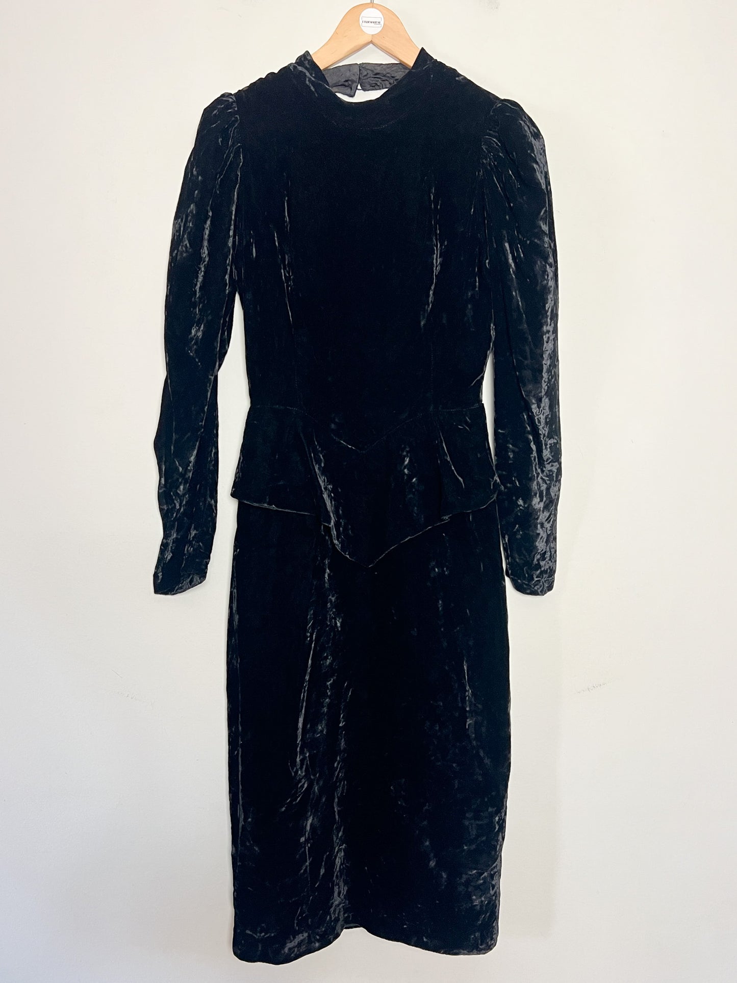 Robe Fourreau Velours Noir Vintage - Basque, Col Montant - Uzanel Made in France T 34 (XS)