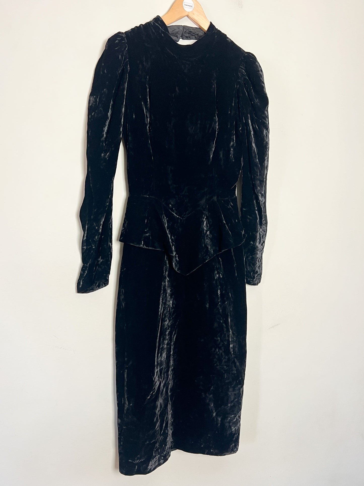 Robe Fourreau Velours Noir Vintage - Basque, Col Montant - Uzanel Made in France T 34 (XS)