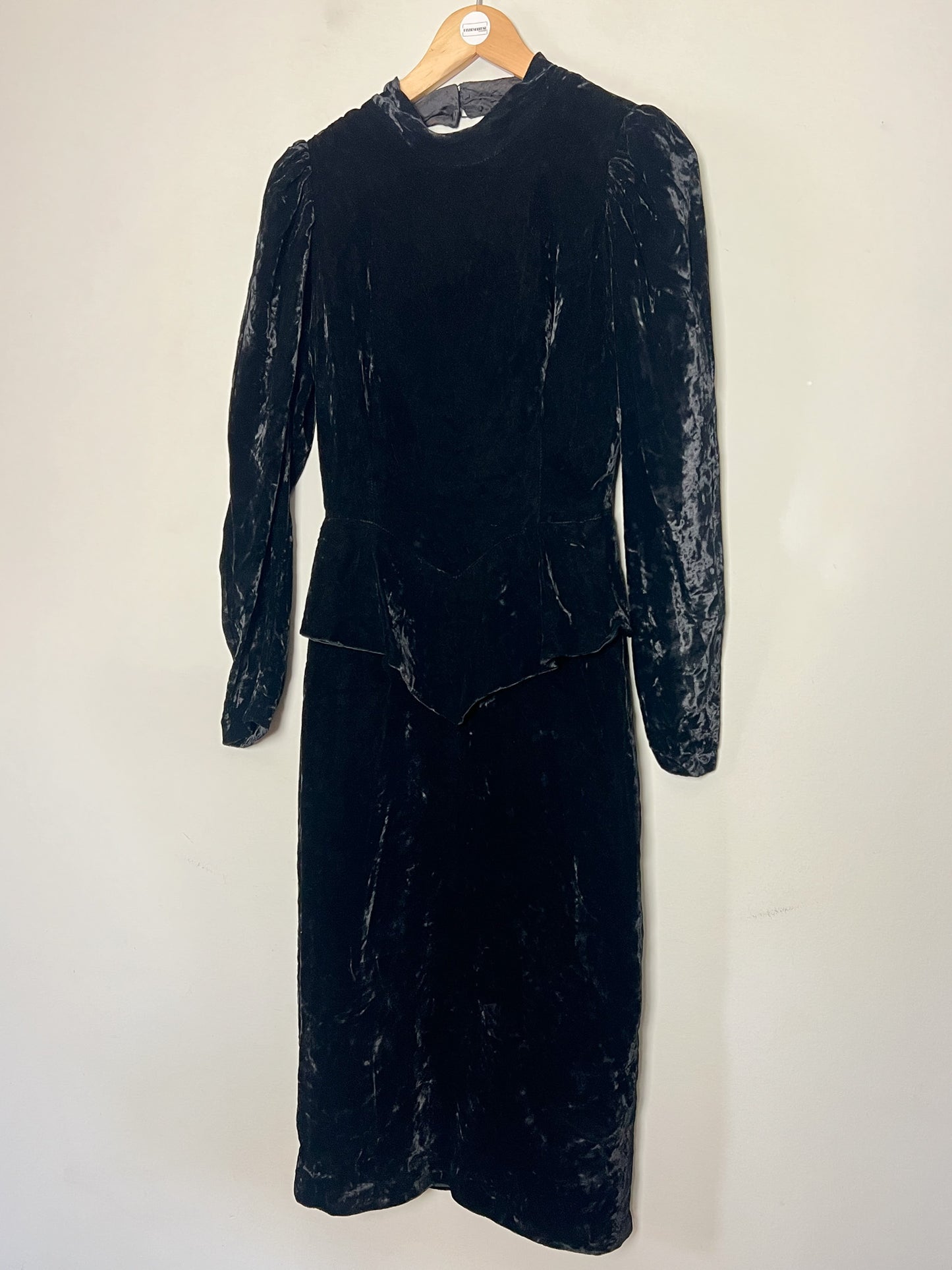Robe Fourreau Velours Noir Vintage - Basque, Col Montant - Uzanel Made in France T 34 (XS)