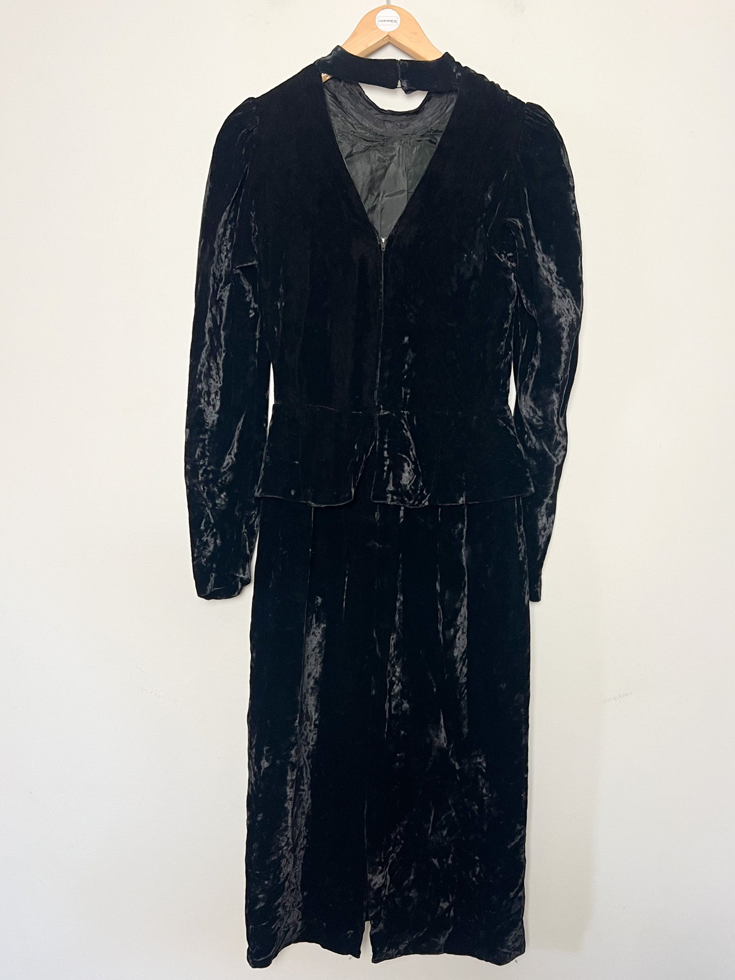 Robe Fourreau Velours Noir Vintage - Basque, Col Montant - Uzanel Made in France T 34 (XS)
