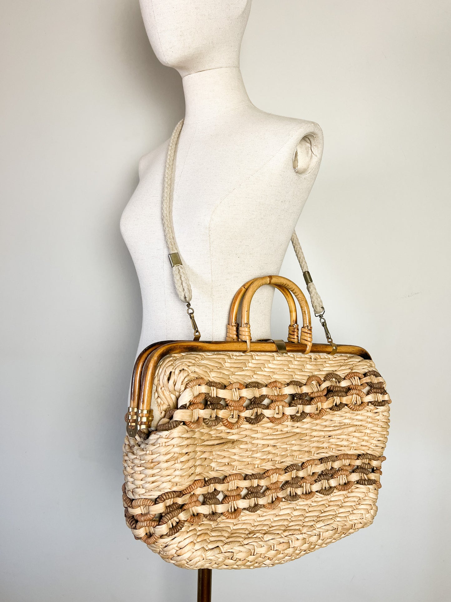 Sac Docteur Vintage en Osier & Bambou – Années 60/70 – Porté Main & Épaule