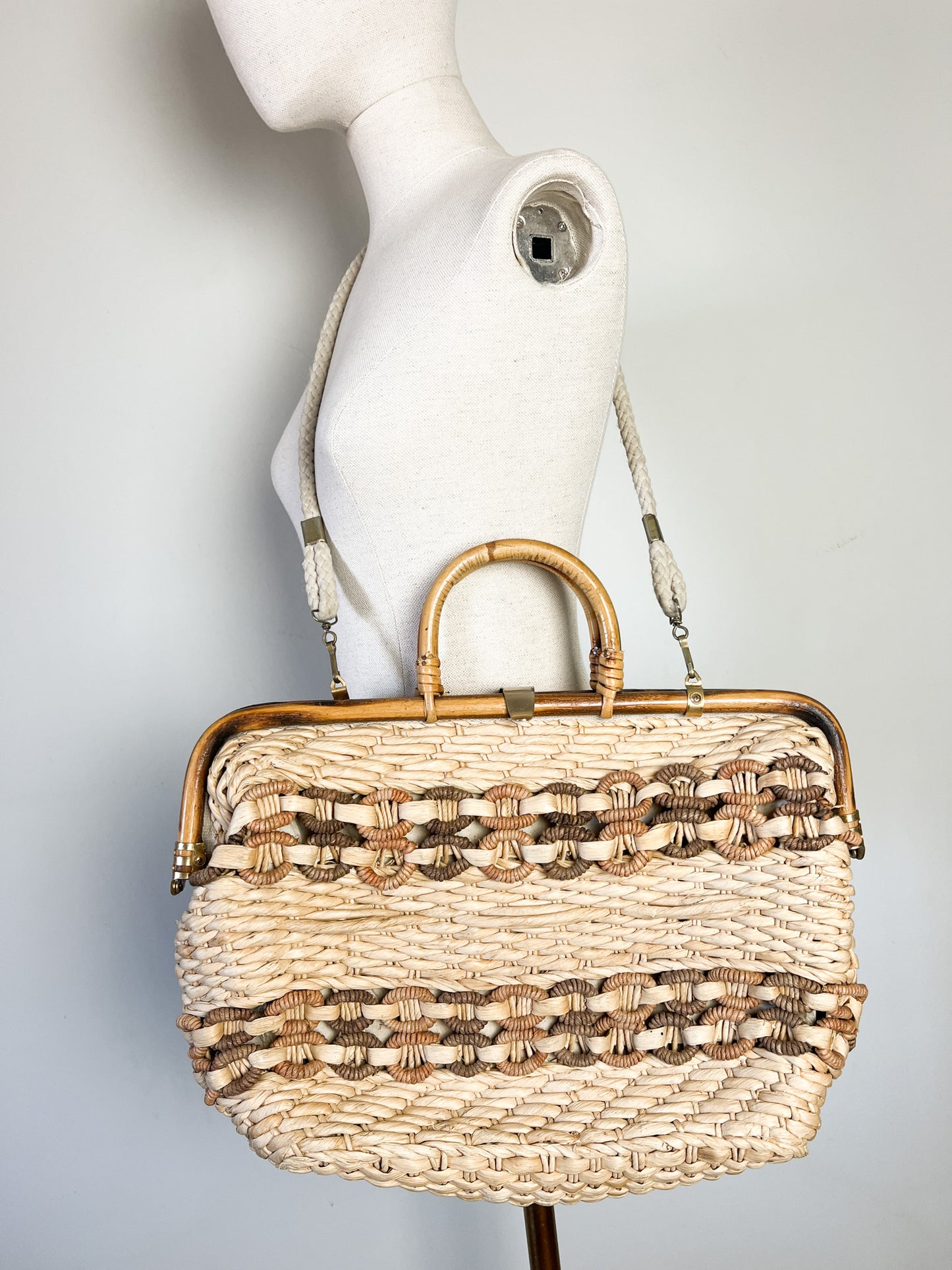 Sac Docteur Vintage en Osier & Bambou – Années 60/70 – Porté Main & Épaule