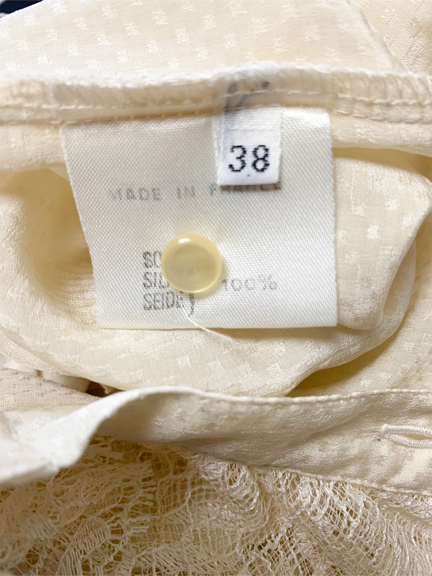 Robe Midi Vintage TED LAPIDUS Luxe - 100% Soie Crème - Dentelle & Plissés Romantiques - Années 70 - Taille 36/38