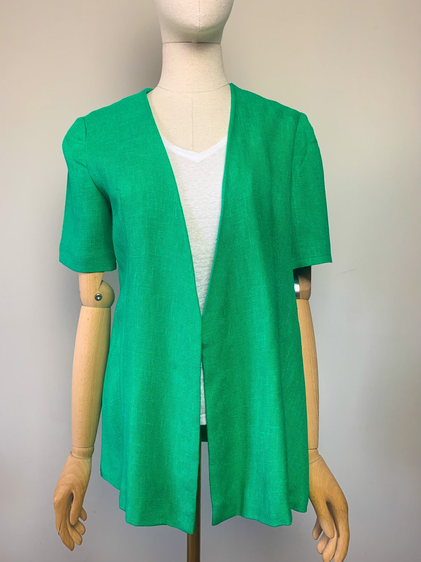 Veste Vintage Années 70 Manches Courtes - Vert Lumineux - Tissu Texturé - T. 36/38
