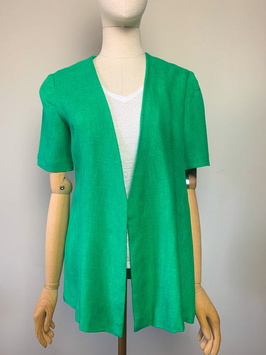 Veste Vintage Années 70 Manches Courtes - Vert Lumineux - Tissu Texturé - T. 36/38