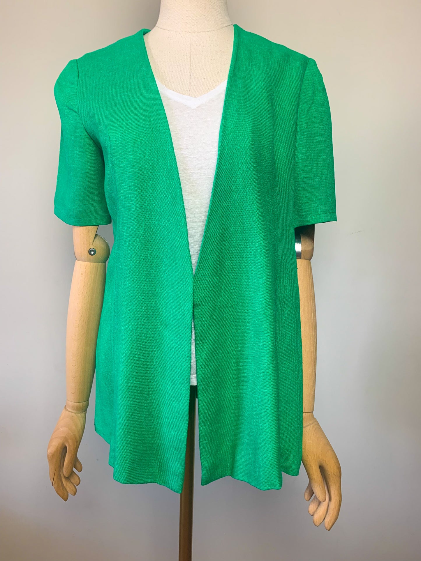 Veste Vintage Années 70 Manches Courtes - Vert Lumineux - Tissu Texturé - T. 36/38