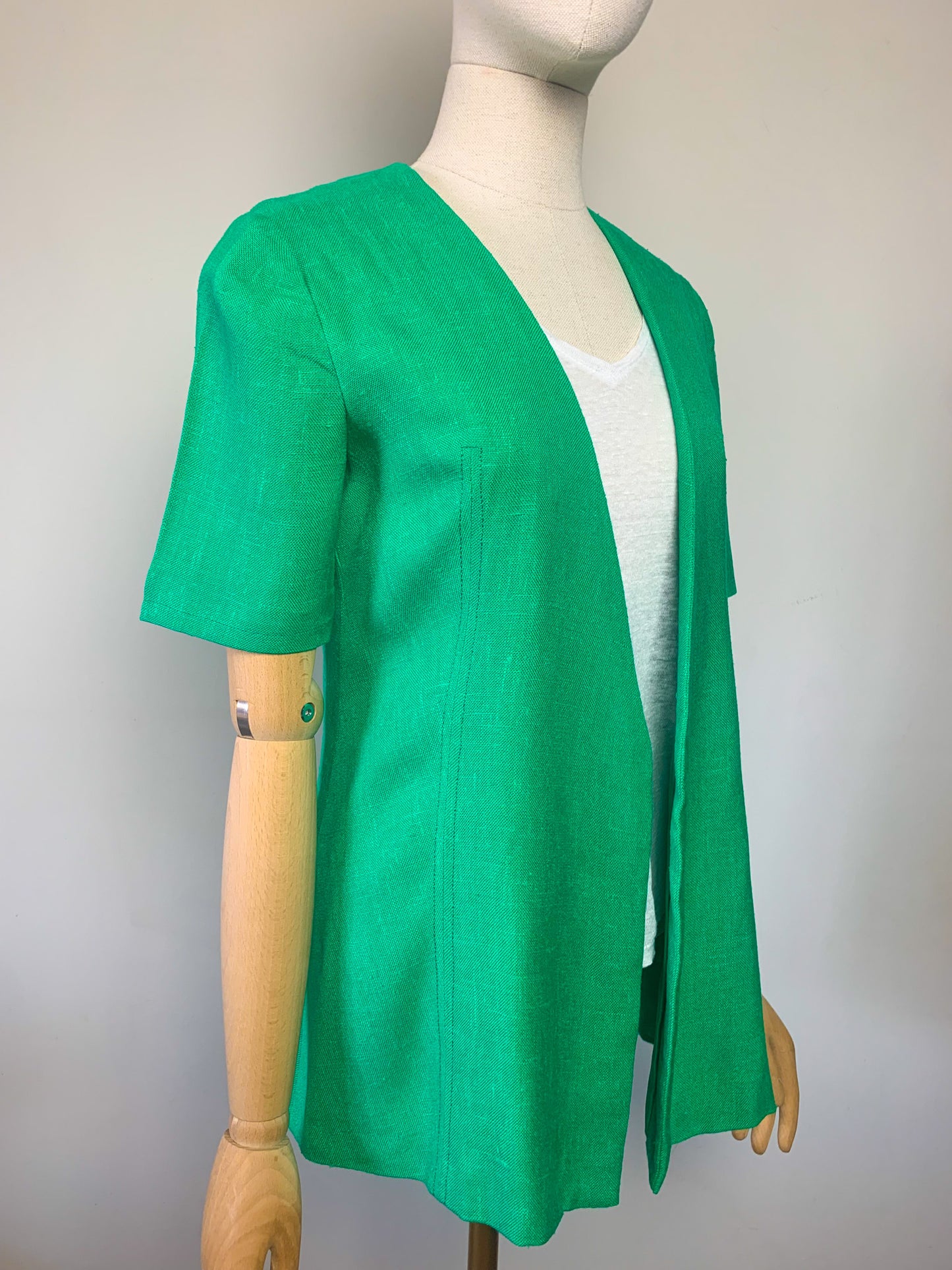 Veste Vintage Années 70 Manches Courtes - Vert Lumineux - Tissu Texturé - T. 36/38