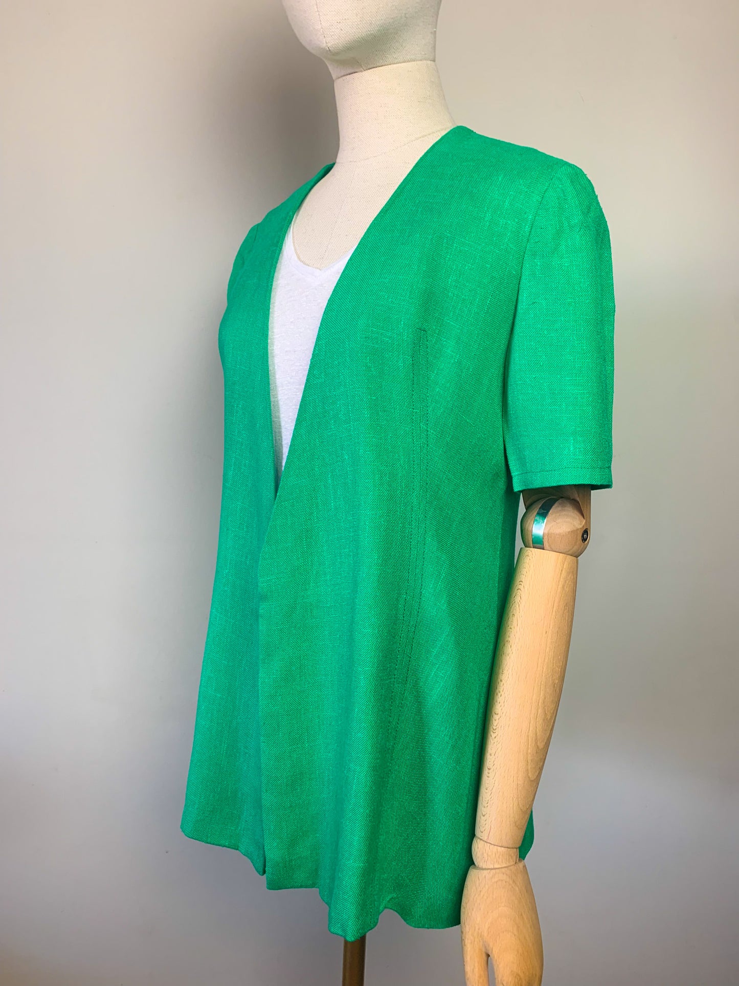 Veste Vintage Années 70 Manches Courtes - Vert Lumineux - Tissu Texturé - T. 36/38