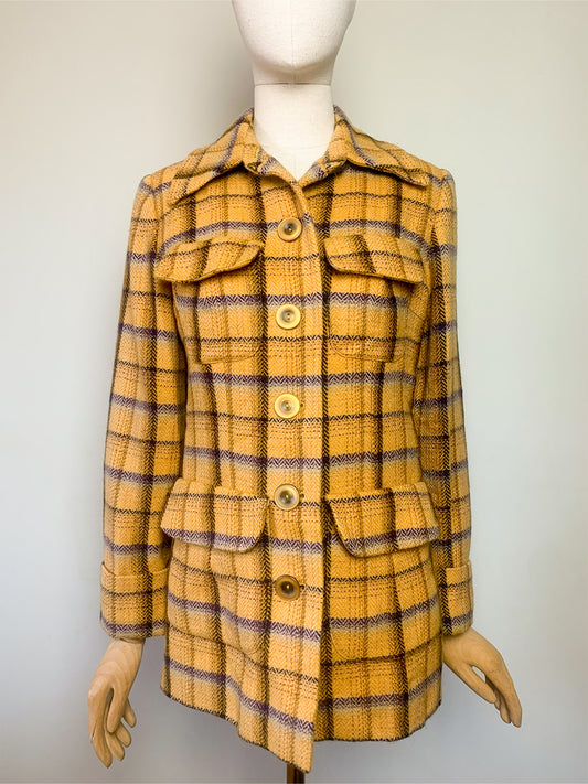 Veste-Manteau Tara Jarmon Alpine Vintage - 100% Laine Carreaux Moutarde & Violet - Fabriqué en France - T. 38