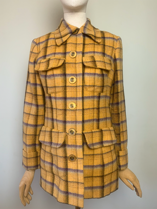 Manteau moutarde gros carreaux violet beige 100% laine Tara Jarmon