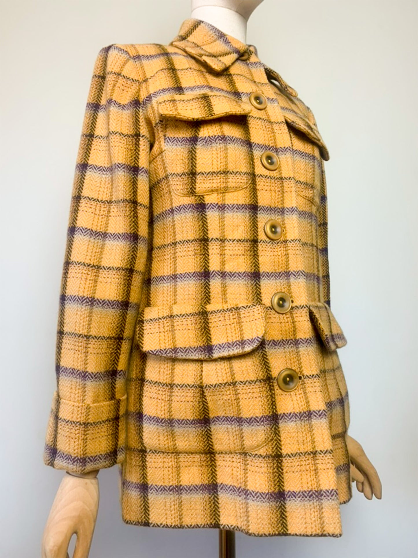 Veste-Manteau Tara Jarmon Alpine Vintage - 100% Laine Carreaux Moutarde & Violet - Fabriqué en France - T. 38