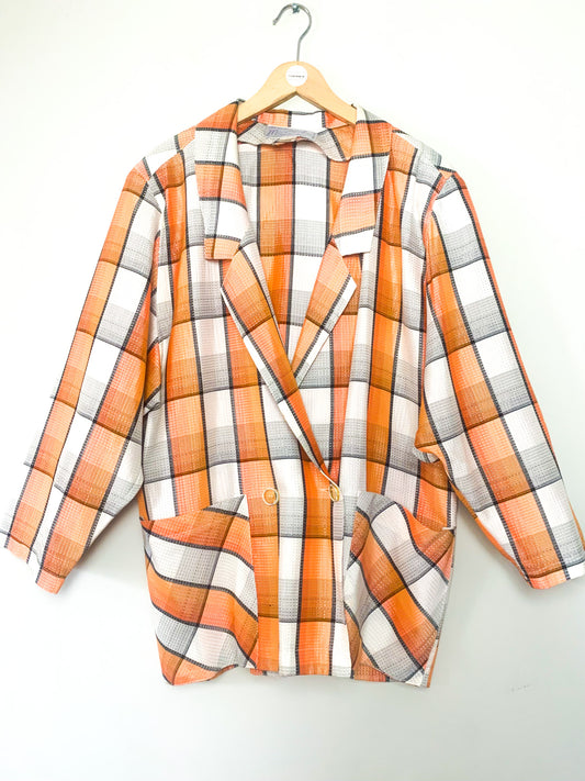 Veste Blazer Oversize Vintage années 80 90 T 42/44 - Carreaux Orange Crème - Made in France