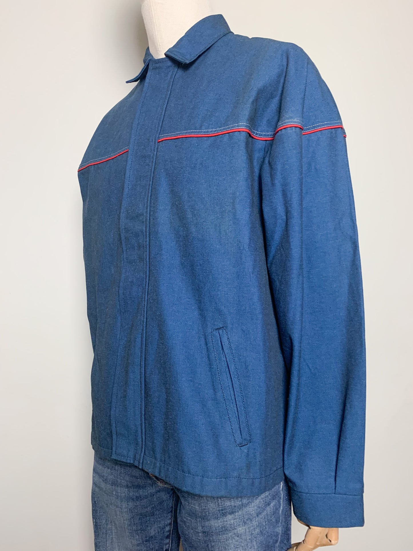 Veste Workwear Vintage Années 90 Bleu & Liseré Rouge - Coton - Unisexe - T. L