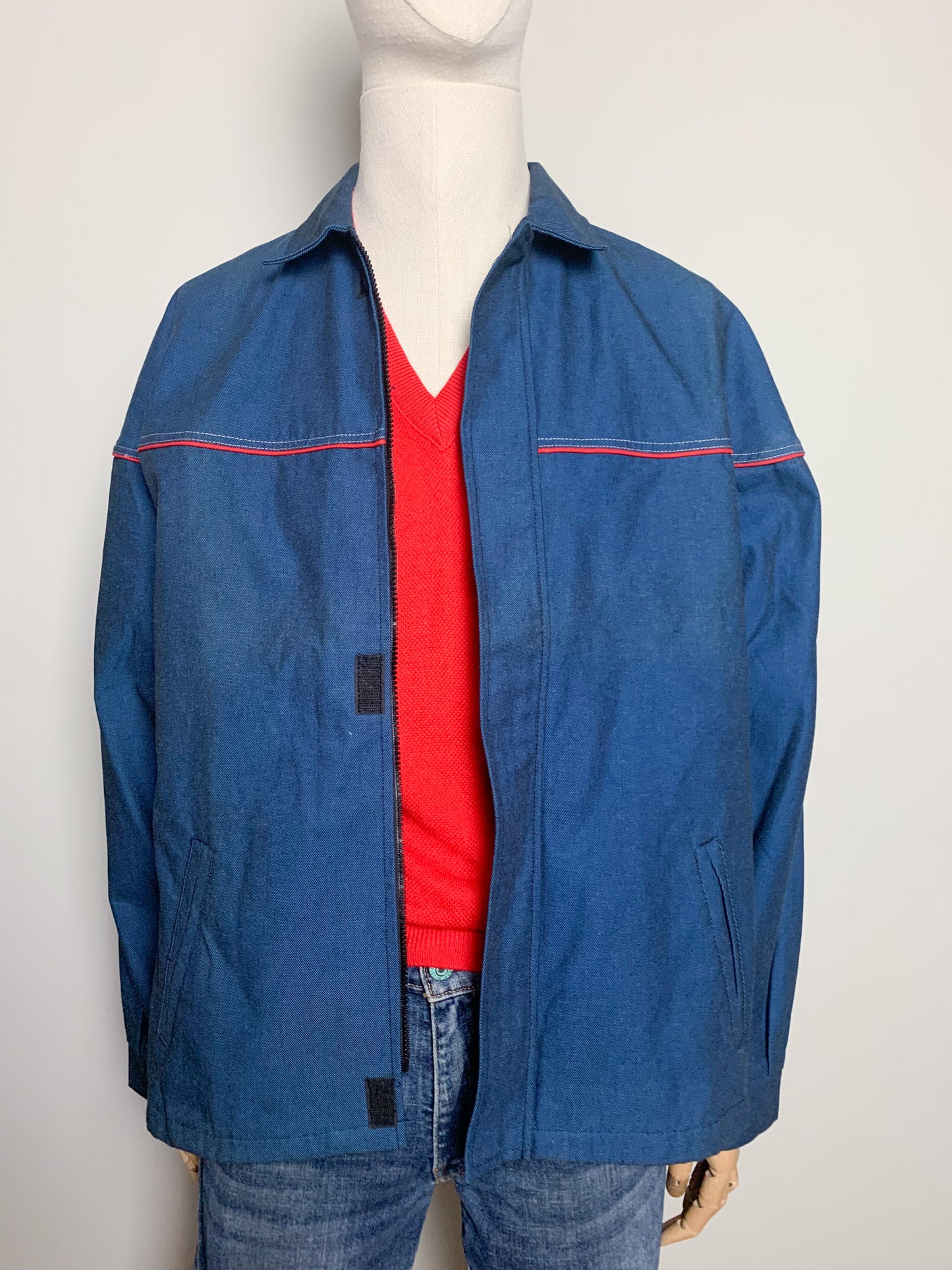 Veste Workwear Vintage Années 90 Bleu & Liseré Rouge - Coton - Unisexe - T. L
