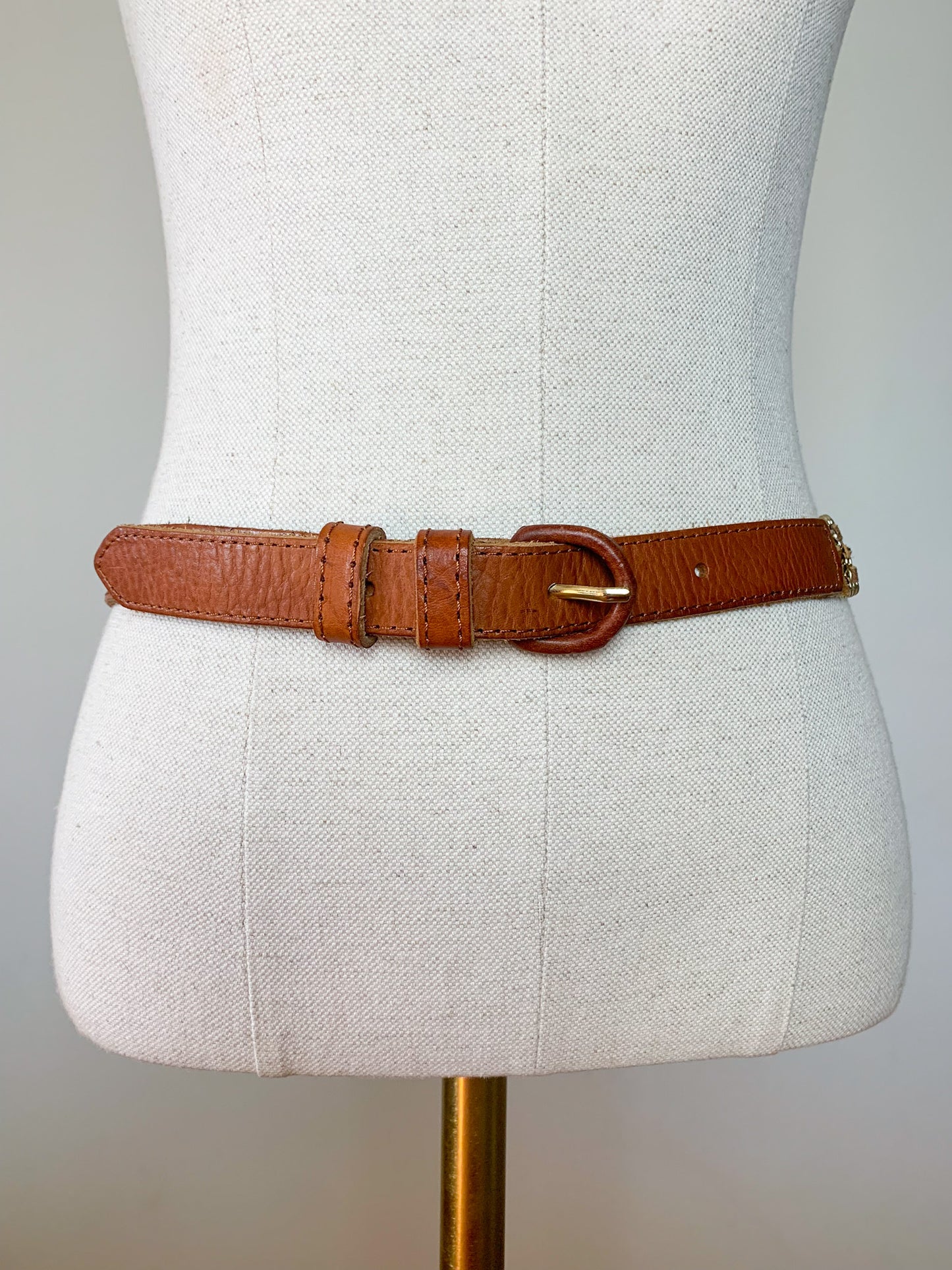 Ceinture Vintage Années 90 Cuir Véritable Camel & Chaînes Dorées - T 75