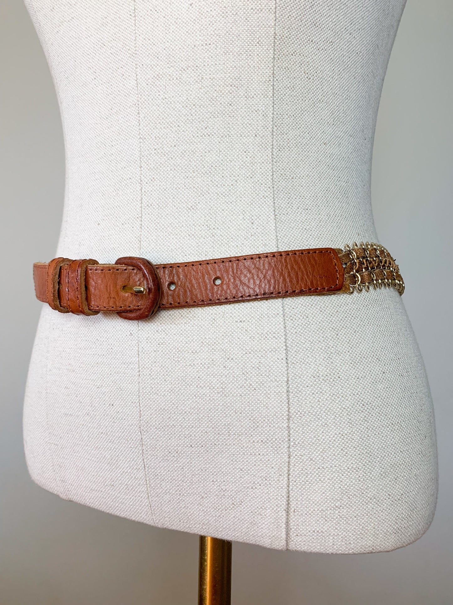 Ceinture Vintage Années 90 Cuir Véritable Camel & Chaînes Dorées - T 75