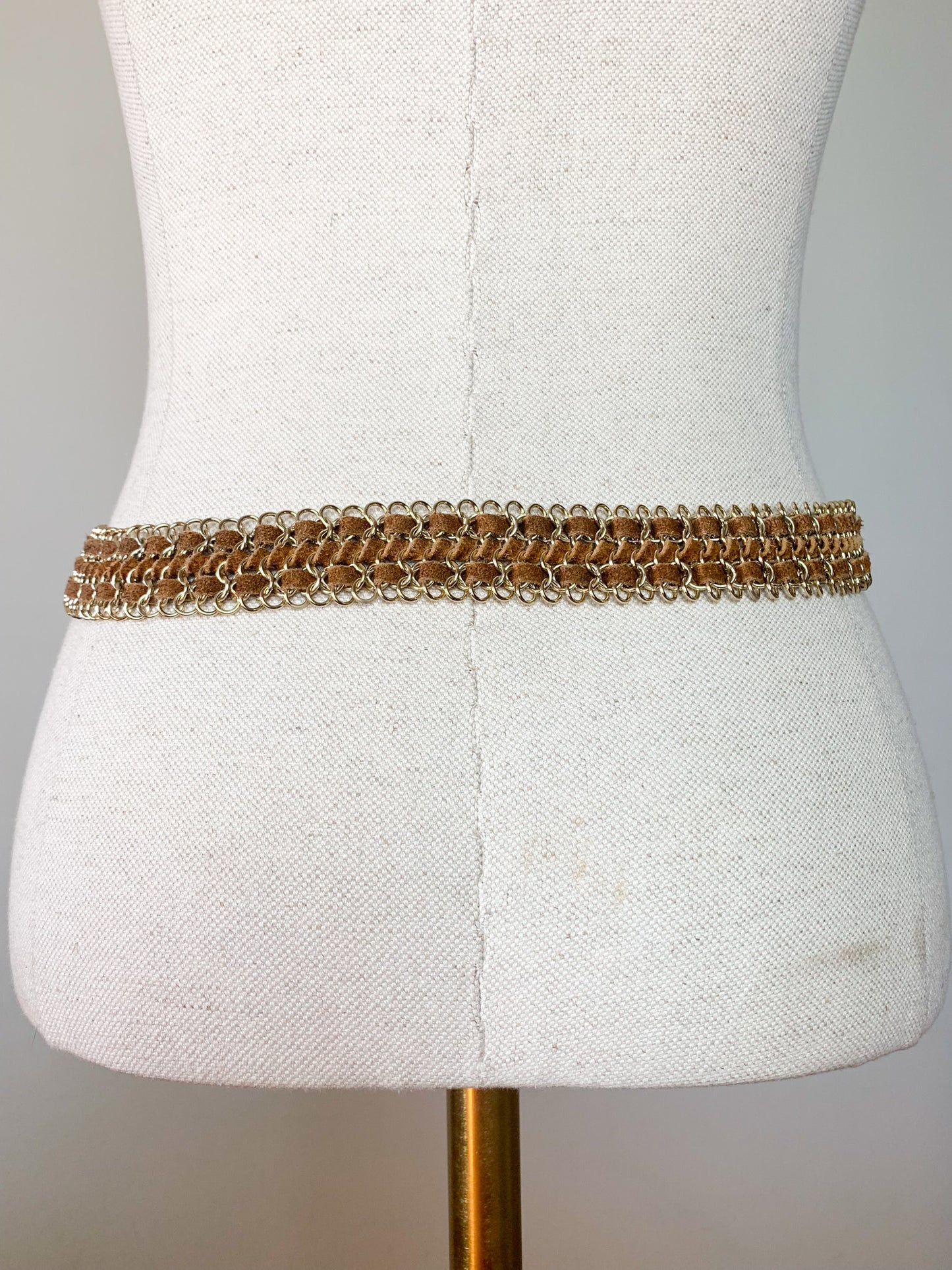 Ceinture Vintage Années 90 Cuir Véritable Camel & Chaînes Dorées - T 75