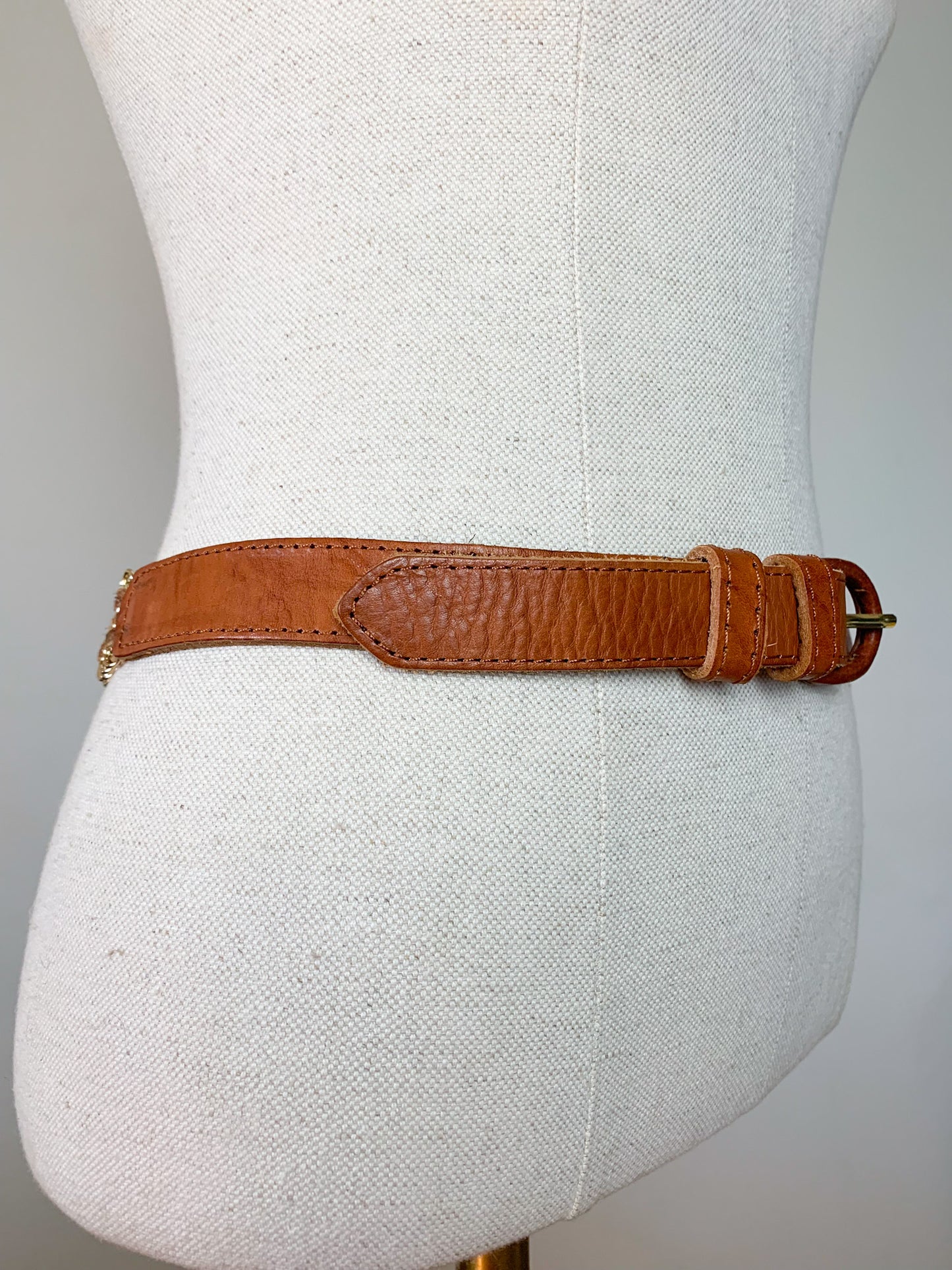 Ceinture Vintage Années 90 Cuir Véritable Camel & Chaînes Dorées - T 75